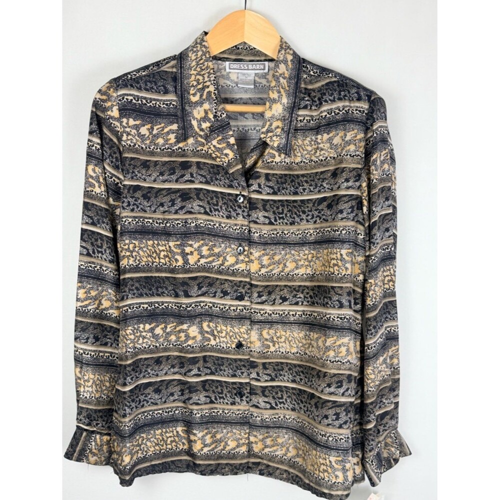 Dress Barn NWT VTG Silk Animal Print Button Up Blouse M Stripe 90s Safari Style